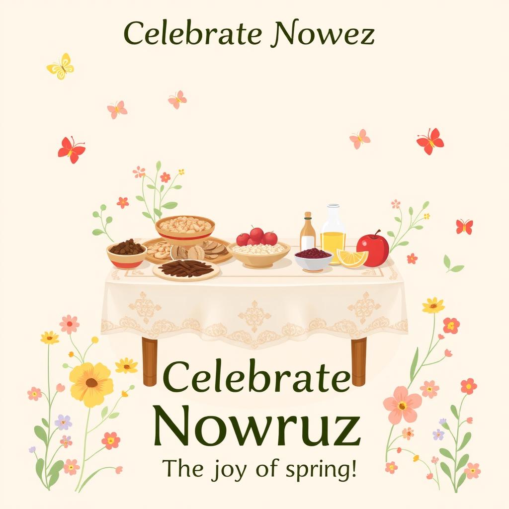 A beautiful and elegant promotional poster showcasing the Iranian Haft-Seen table, featuring traditional items like sabzeh (sprouted wheat), samanu (sweet pudding), senjed (dried fruit), seer (garlic), seeb (apple), somāq (sumac), and serkeh (vinegar), all artfully arranged on a simple table
