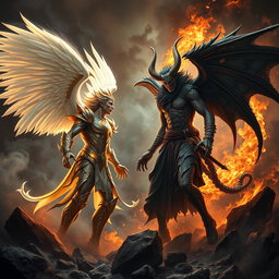 An intense confrontation between Lucifer (Iblis) and Satan, set in a dramatic, hellish landscape filled with swirling smoke and shattered rocks