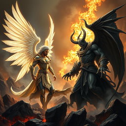 An intense confrontation between Lucifer (Iblis) and Satan, set in a dramatic, hellish landscape filled with swirling smoke and shattered rocks