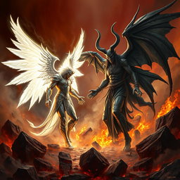 An intense confrontation between Lucifer (Iblis) and Satan, set in a dramatic, hellish landscape filled with swirling smoke and shattered rocks