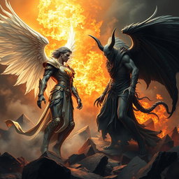 An intense confrontation between Lucifer (Iblis) and Satan, set in a dramatic, hellish landscape filled with swirling smoke and shattered rocks