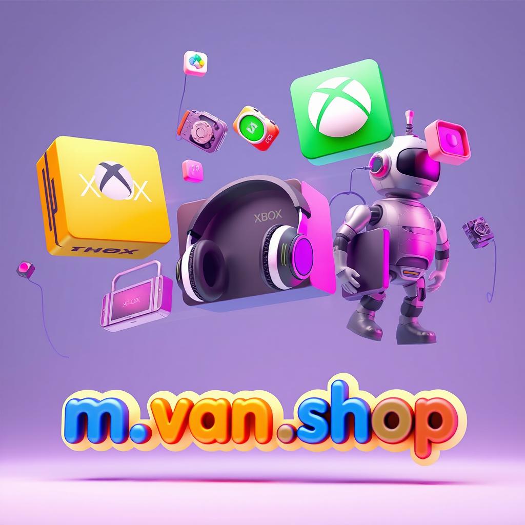 A modern 3D image featuring attractive and oversized floating icons in motion in space, including futuristic and imaginative technology-themed elements like a large Xbox, realistic headphones, various gadgets, and a humanoid robot, all styled in a pop-out format