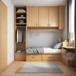 Generate an image of a small, cozy-style bedroom complete with a medium-sized bed, study table, standing fan, two floor cabinets, and two wardrobes.