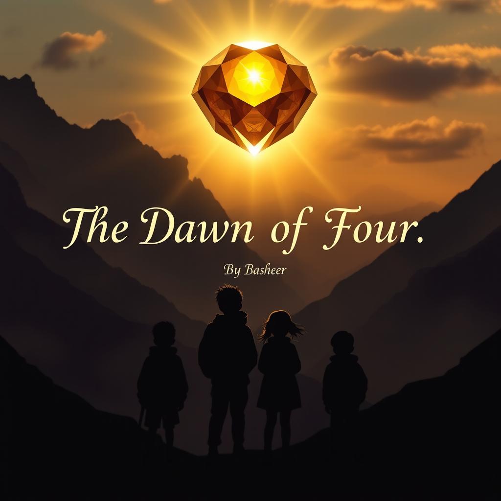 A stunning silhouette of 4 friends, consisting of 3 boys and 1 girl, standing together in a majestic mountain landscape