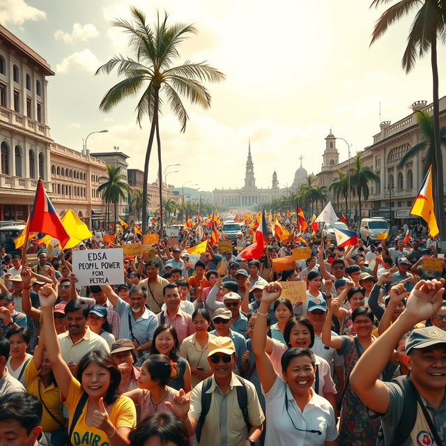 A vibrant, energetic scene illustrating the EDSA People Power Revolution in the Philippines