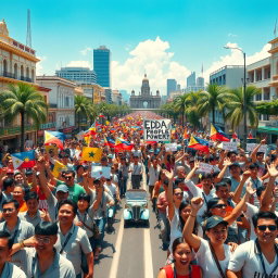 A vibrant, energetic scene illustrating the EDSA People Power Revolution in the Philippines