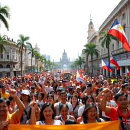 A vibrant, energetic scene illustrating the EDSA People Power Revolution in the Philippines