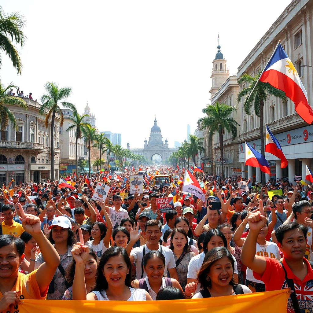 A vibrant, energetic scene illustrating the EDSA People Power Revolution in the Philippines