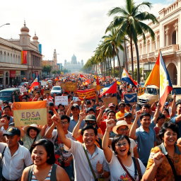 A vibrant, energetic scene illustrating the EDSA People Power Revolution in the Philippines
