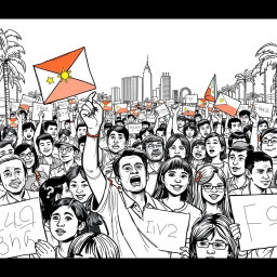 A detailed sketch of the EDSA People Power Revolution, depicting a crowd of passionate protesters unified in their struggle for democracy