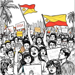 A detailed sketch of the EDSA People Power Revolution, depicting a crowd of passionate protesters unified in their struggle for democracy