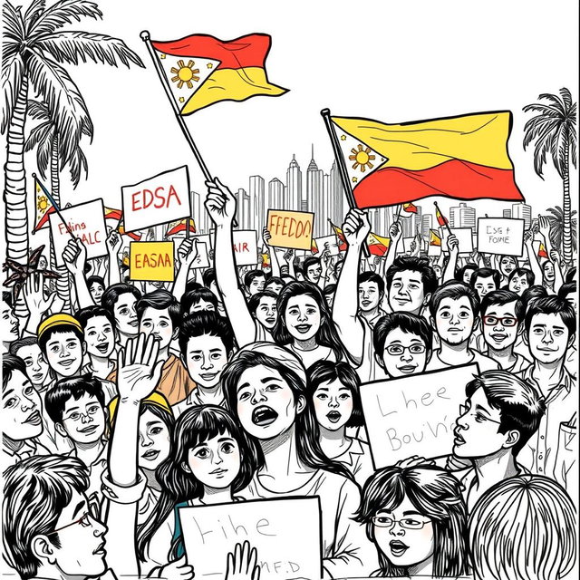 A detailed sketch of the EDSA People Power Revolution, depicting a crowd of passionate protesters unified in their struggle for democracy