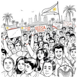 A detailed sketch of the EDSA People Power Revolution, depicting a crowd of passionate protesters unified in their struggle for democracy