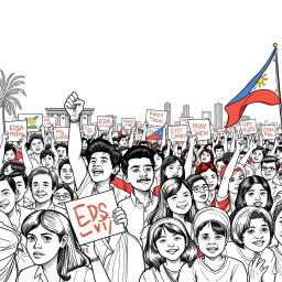 A detailed sketch of the EDSA People Power Revolution, depicting a crowd of passionate protesters unified in their struggle for democracy