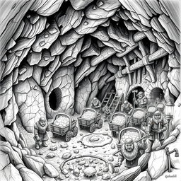 A highly detailed black and white drawing of a dwarven underground mithril mine, bustling with activity