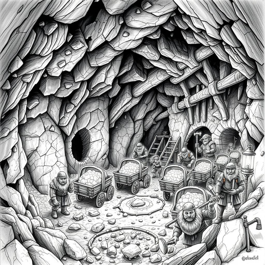 A highly detailed black and white drawing of a dwarven underground mithril mine, bustling with activity