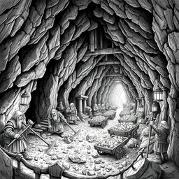A highly detailed black and white drawing of a dwarven underground mithril mine, bustling with activity