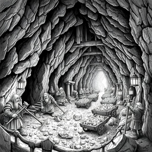 A highly detailed black and white drawing of a dwarven underground mithril mine, bustling with activity
