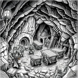 A highly detailed black and white drawing of a dwarven underground mithril mine, bustling with activity