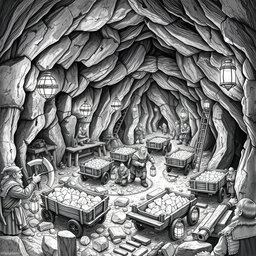 A highly detailed black and white drawing of a dwarven underground mithril mine, bustling with activity