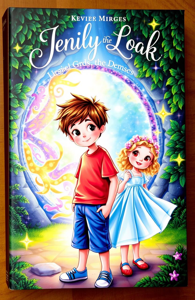 A colorful and enchanting book cover featuring a young boy and a young girl standing in front of a magical portal