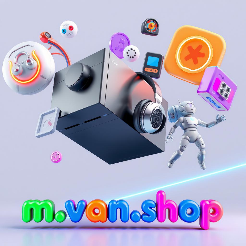 A modern 3D image featuring attractive and oversized floating icons in motion within a space setting