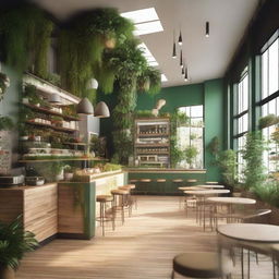 A concept design of an eco-friendly cafe, filled with a variety of indoor plants, sustainable materials, abundant natural light, and green color accents.