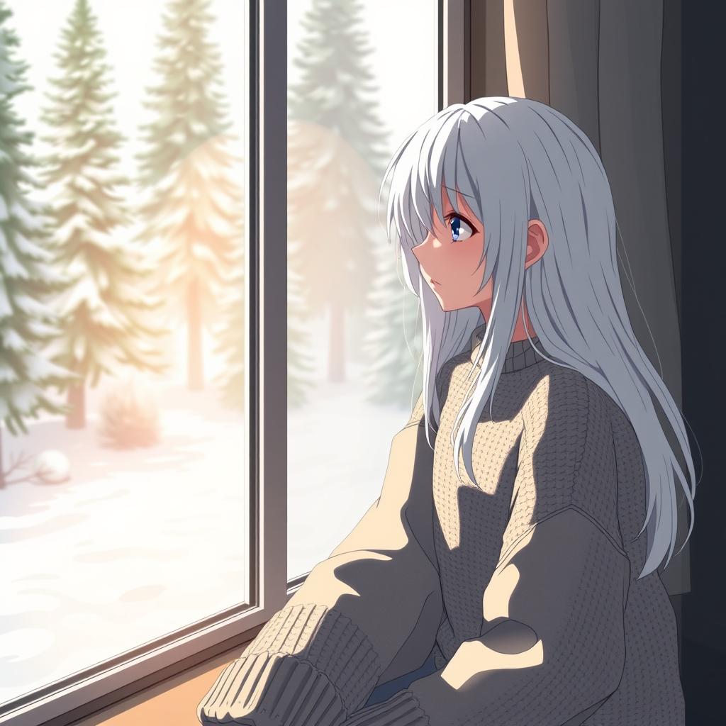 A melancholic anime girl with flowing white hair sitting near a window