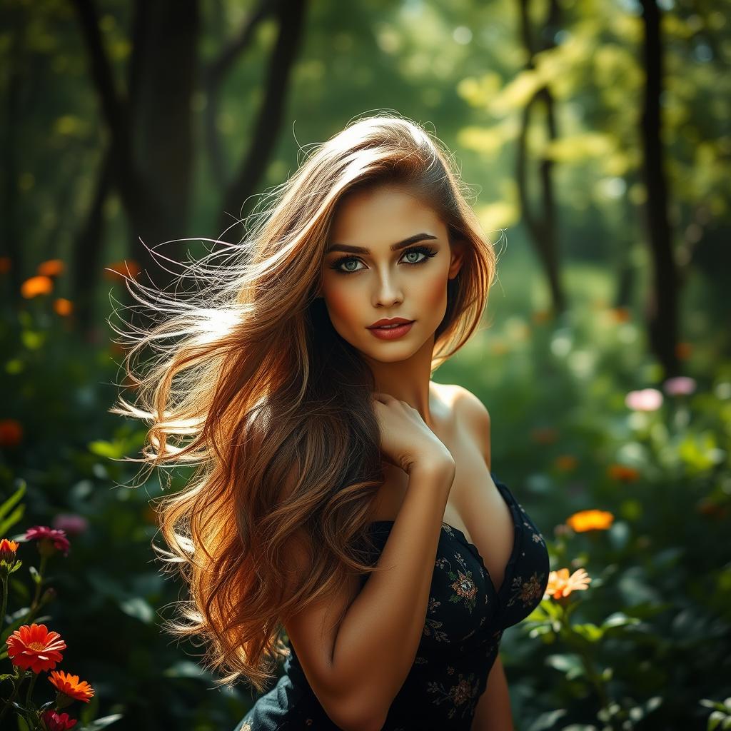 A captivating woman with an artistic flair, posed gracefully in a lush, green forest setting, surrounded by vibrant flowers and natural beauty