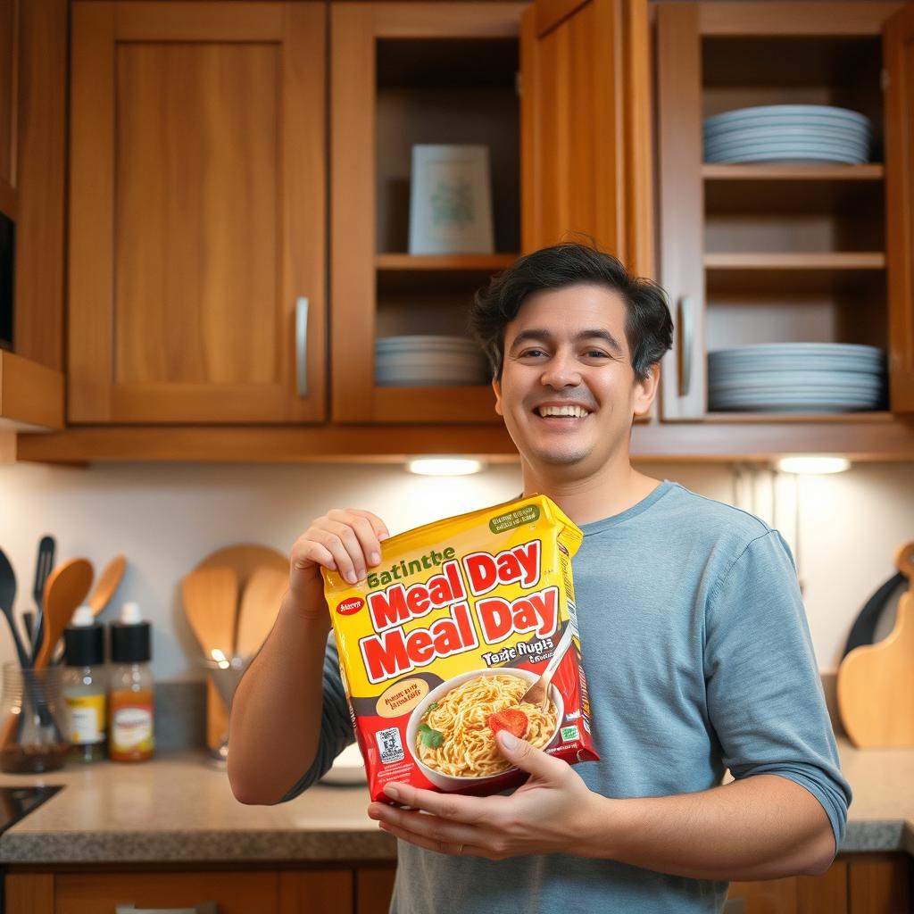 A person opening a kitchen cabinet and discovering a box of Meal Day instant noodles