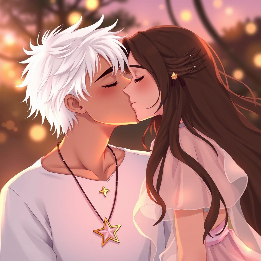 A romantic scene featuring a boy with striking white hair who is wearing a star necklace, leaning in to kiss a girl with long flowing brunette hair