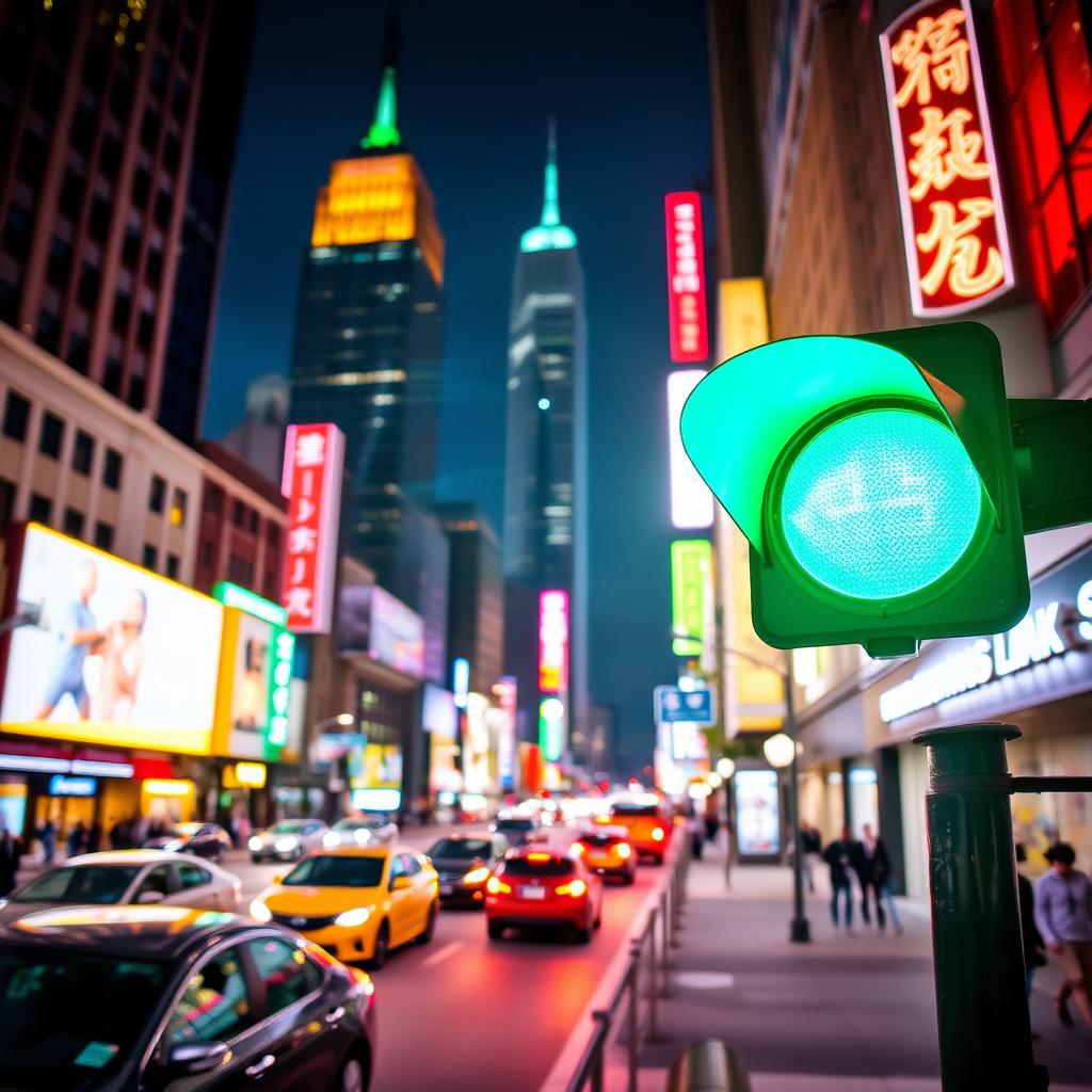 A vibrant green traffic light glowing brightly against a city night backdrop, showcasing bustling streets filled with cars and pedestrians