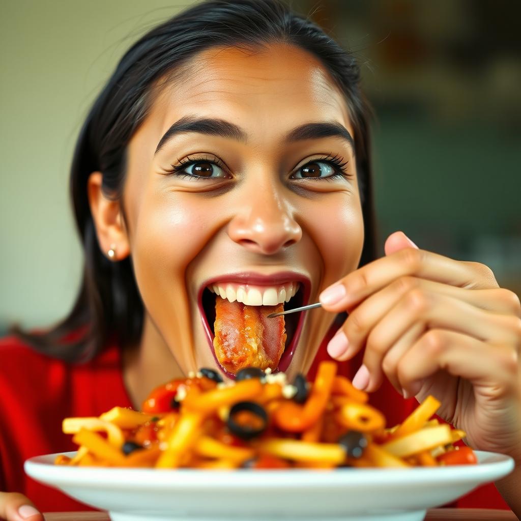 A person taking their first bite of delicious food, with their facial expression transforming into pure, overwhelming happiness