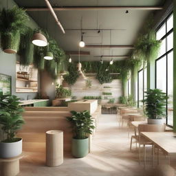 A concept design of an eco-friendly cafe, filled with a variety of indoor plants, sustainable materials, abundant natural light, and green color accents.