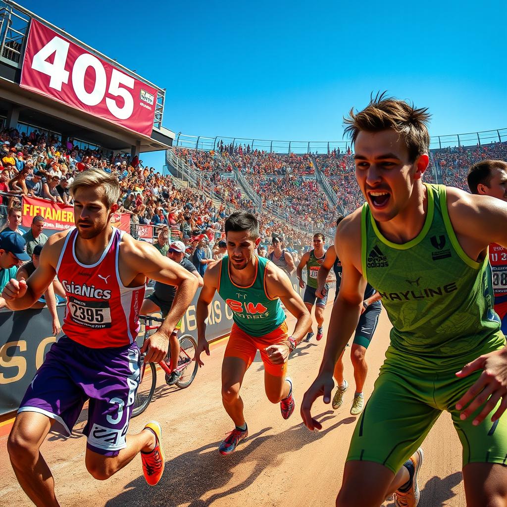 A dynamic scene capturing a thrilling 405 sport competition, featuring a diverse group of athletes engaging in various sports like racing, climbing, and skateboarding