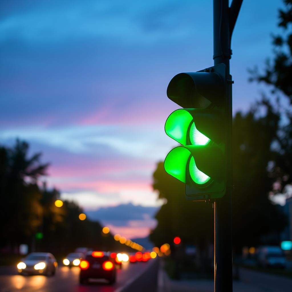 An artistic depiction of a vibrant green traffic light shining brightly against a dusky evening sky, symbolizing 'giving the green light' for progress and opportunity