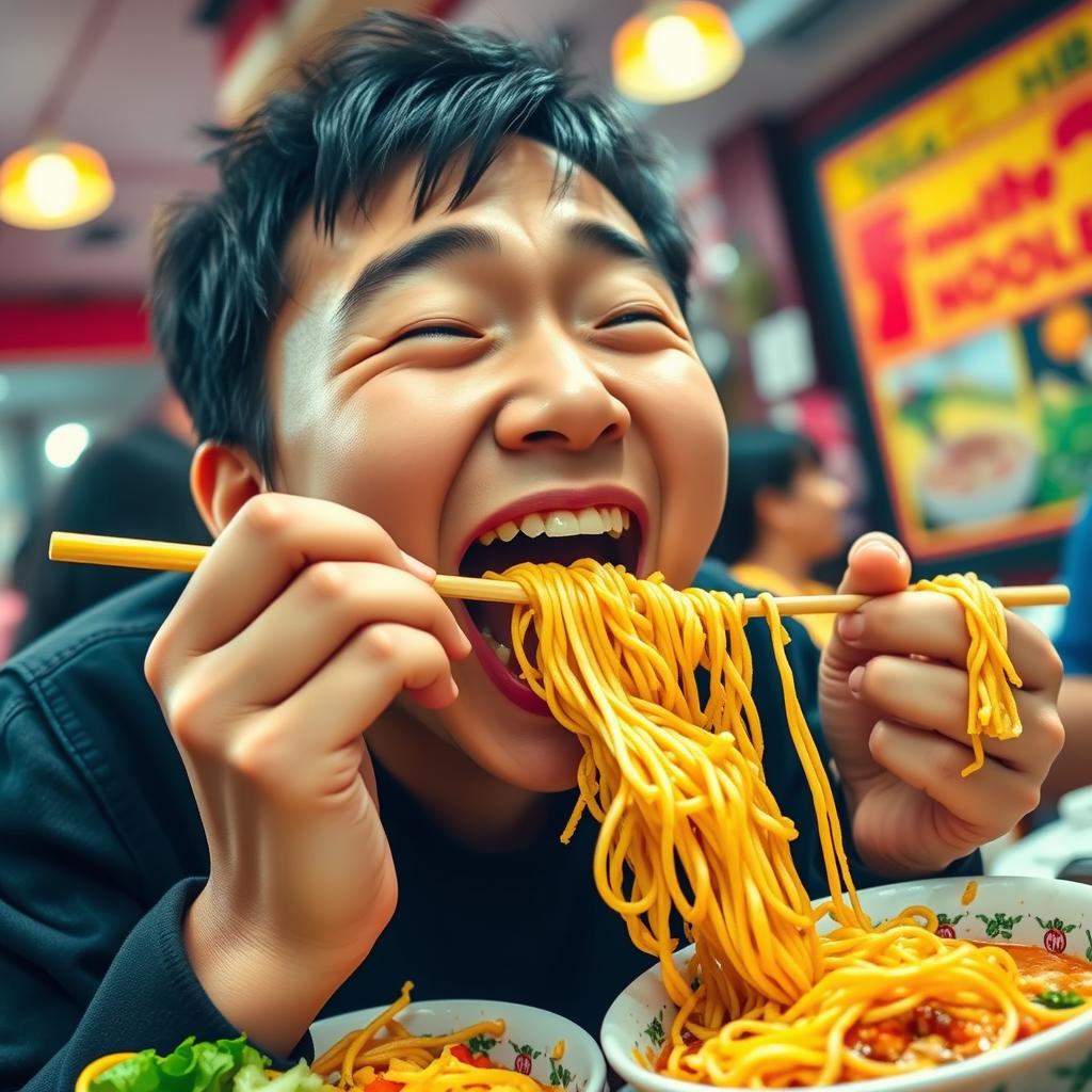 A person taking the first bite of a quick-cooking noodle meal