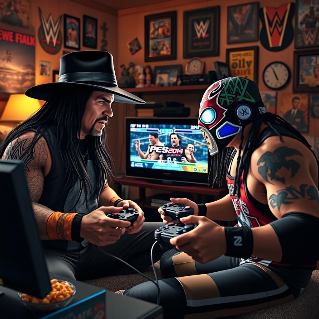 A vibrant, dynamic scene depicting two iconic professional wrestlers: The Undertaker and Rey Mysterio, engrossed in a competitive video game session, playing PES 2014 on a PlayStation 3 console