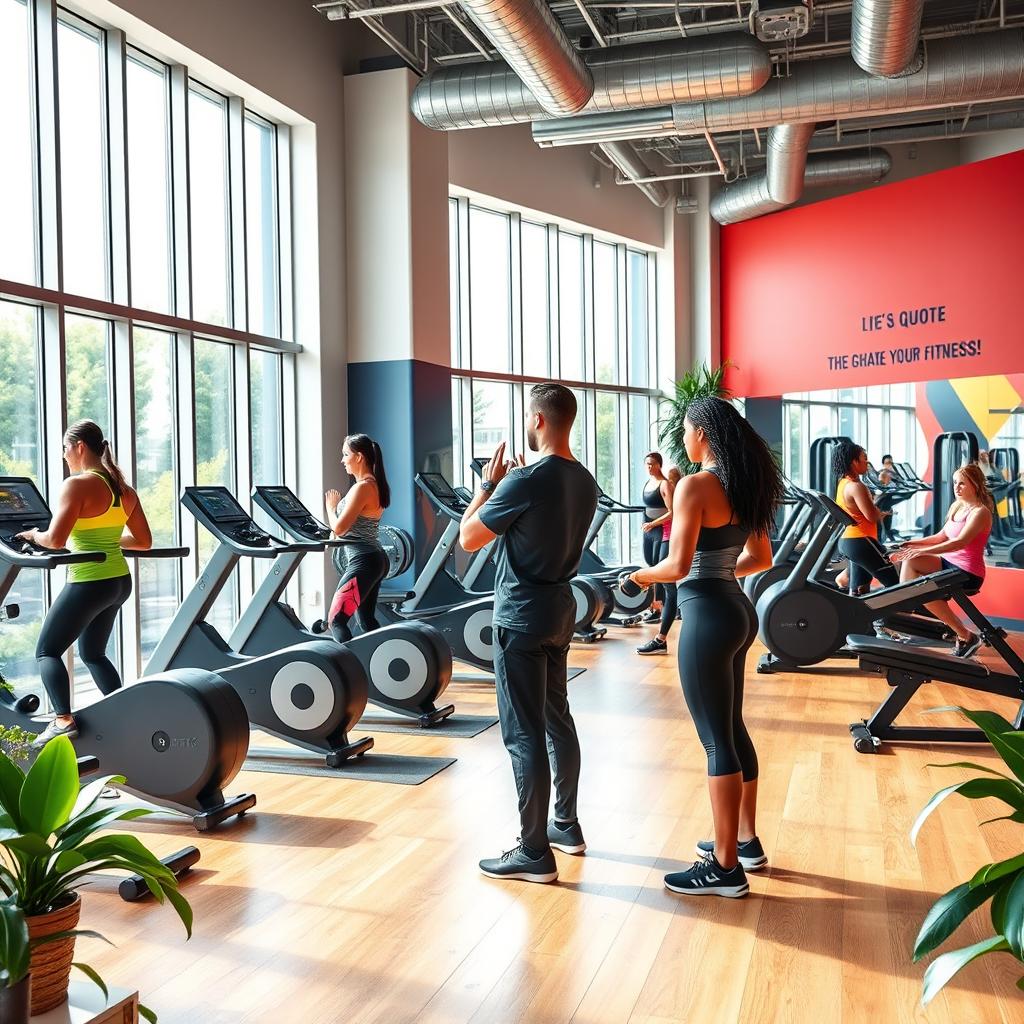 A modern gym interior, featuring high-tech exercise equipment, sleek design, and large windows allowing natural light to flood in