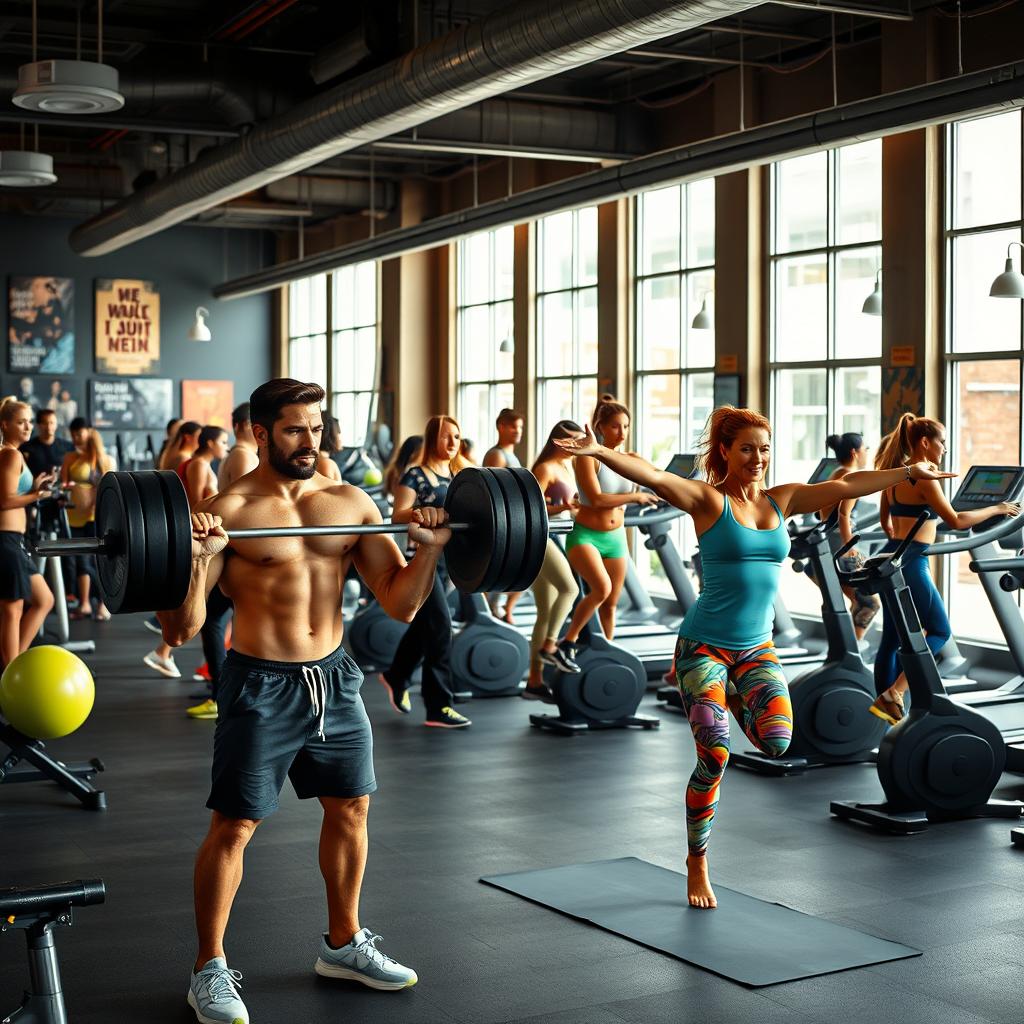 A vibrant gym scene filled with diverse individuals engaged in various workout activities