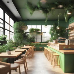 A concept design of an eco-friendly cafe, filled with a variety of indoor plants, sustainable materials, abundant natural light, and green color accents.