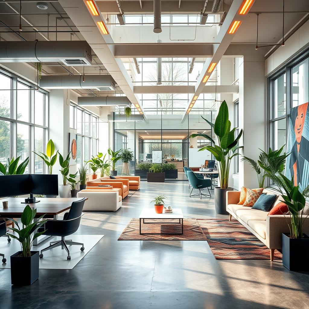 A modern office space featuring sleek, minimalist furniture, large windows that let in natural light, and an open layout