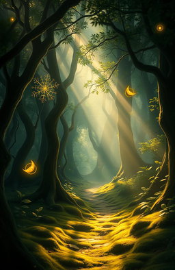 A mystical forest scene titled 'Jejak yang Tertinggal', showcasing a tranquil, sun-dappled woodland path
