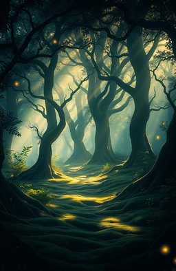A mystical forest scene titled 'Jejak yang Tertinggal', showcasing a tranquil, sun-dappled woodland path