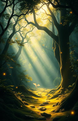 A mystical forest scene titled 'Jejak yang Tertinggal', showcasing a tranquil, sun-dappled woodland path