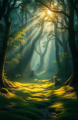 A mystical forest scene titled 'Jejak yang Tertinggal', showcasing a tranquil, sun-dappled woodland path