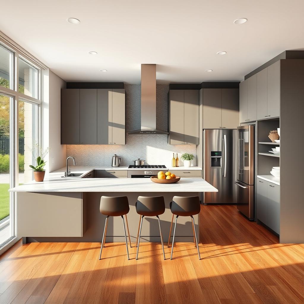 A modern kitchen designed with a realistic touch that features high-end appliances, sleek cabinetry, and a spacious island at the center