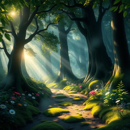 A mystical forest scene titled 'Jejak yang Tertinggal', featuring a serene, sunlit woodland path that invites exploration