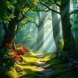 A mystical forest scene titled 'Jejak yang Tertinggal', featuring a serene, sunlit woodland path that invites exploration