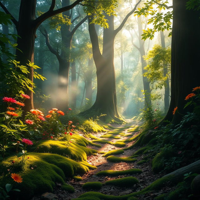 A mystical forest scene titled 'Jejak yang Tertinggal', featuring a serene, sunlit woodland path that invites exploration